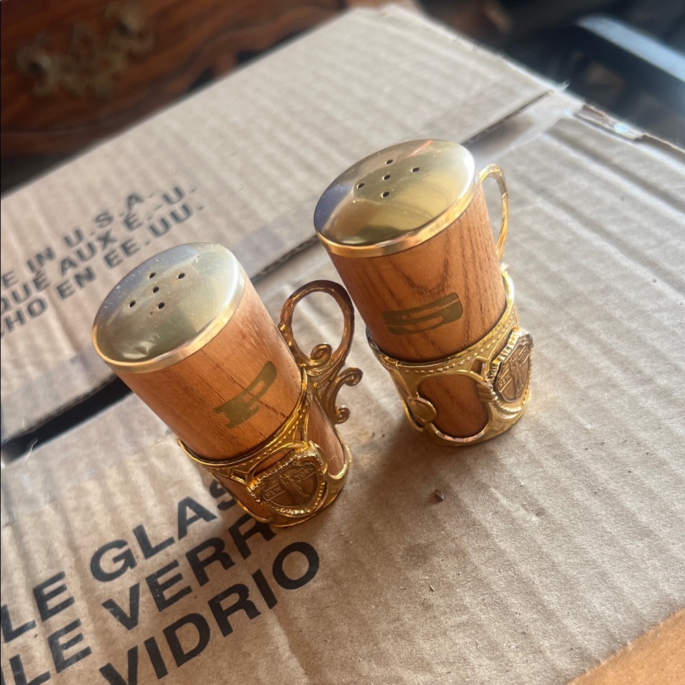 Vintage Wood and Gold Salt and Pepper Shakers